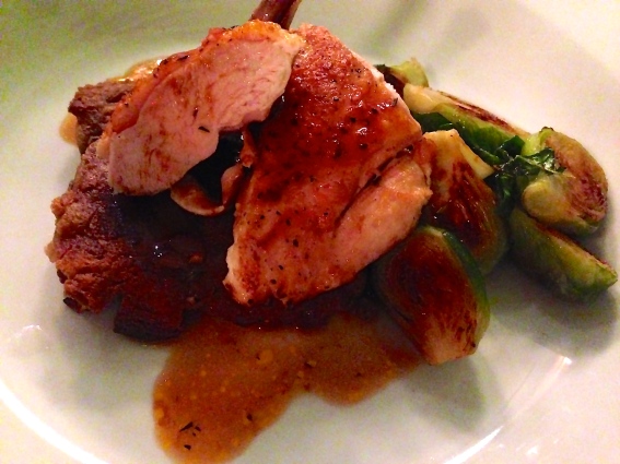 seared chicken breast: rye & wild berry bread pudding, pork-fried brussel sprouts