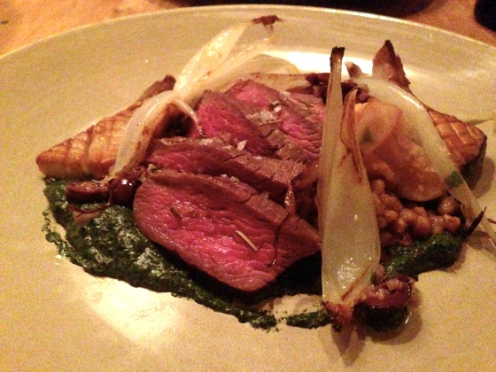 Petite Butcher Filet of Beef, Creamed Nettles and Greens, Local Mushrooms, Crispy Sweetbreads, and Toasted Farro Pilaf