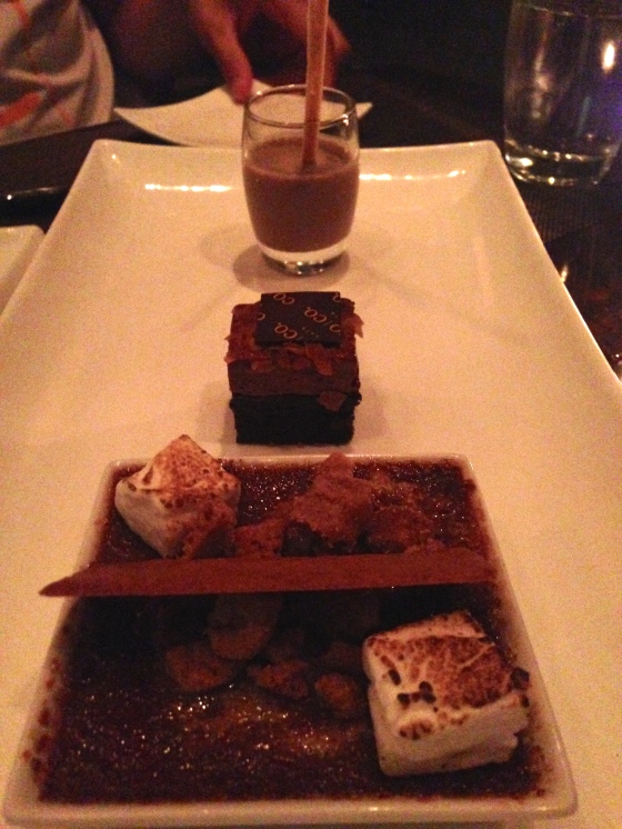 some more coco: chocolate crème brulee, toasted marshmallow, graham crumble, chocolate brownie, chocolate malted shooter